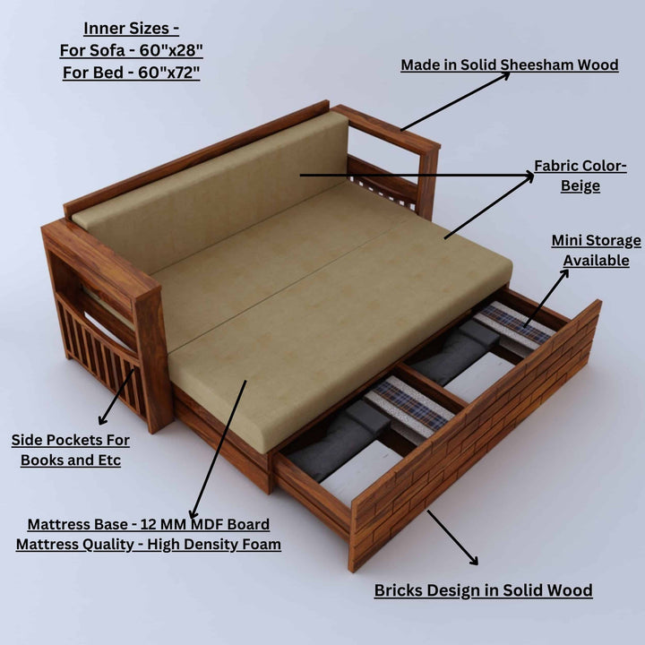 Harmony Solid Sheesham Wood 3 Seater Sofa Cum Bed With Headboard and Mini Storage