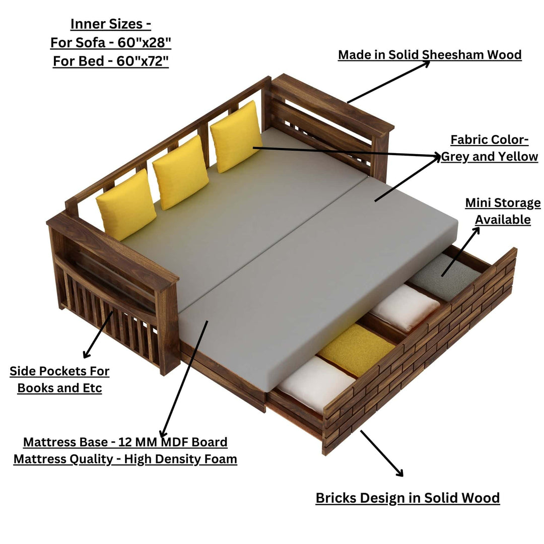 Dahlia Solid Sheesham Wood 3 Seater Sofa Cum Bed With Mini Storage and Side Pockets