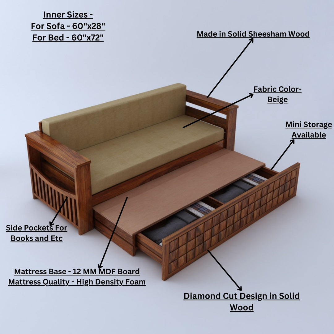 Eliana Solid Sheesham Wood 3 Seater Sofa Cum Bed With Mini Storage and Side Pockets
