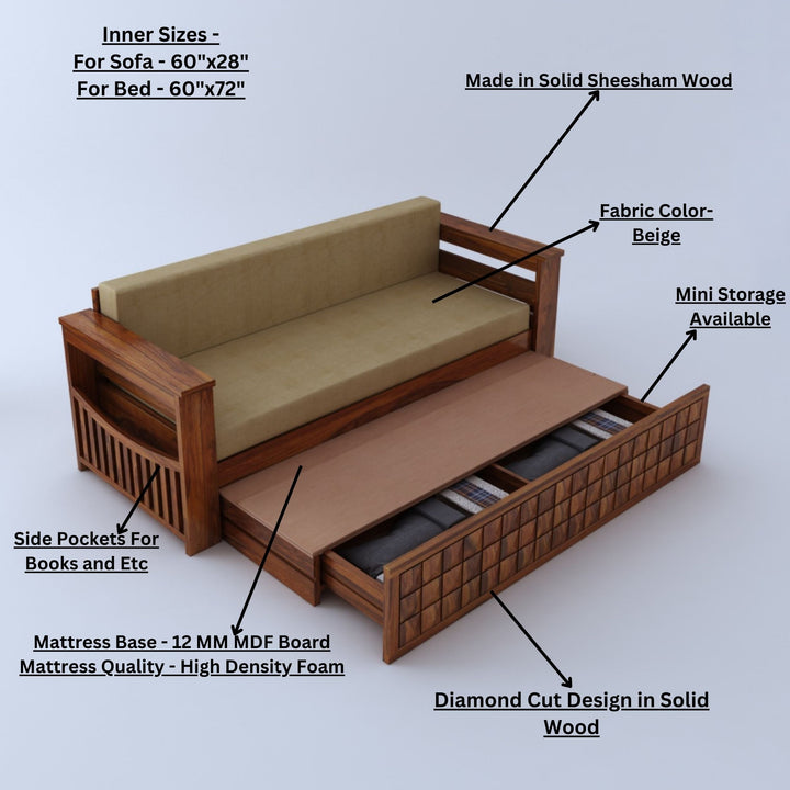 Eliana Solid Sheesham Wood 3 Seater Sofa Cum Bed With Mini Storage and Side Pockets