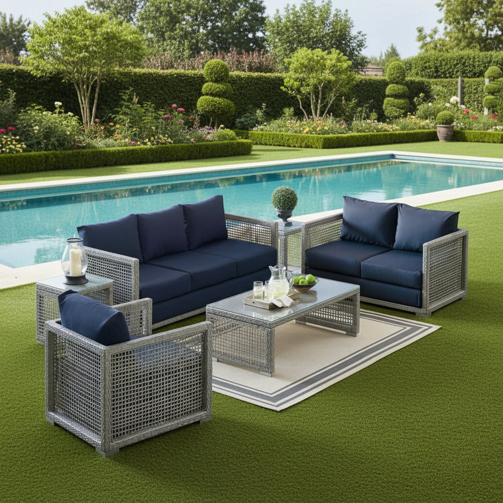 Malvolio Outdoor Set  1 Triple Seater, 1 Double Seater, 1 Single Seater, 2 Side table and 1 Center Table (Silver)