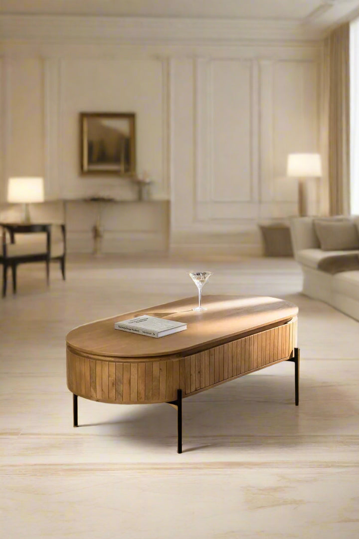 Mango Wood Coffee Table with Black Powder Coated Iron Legs (Oval Shape)