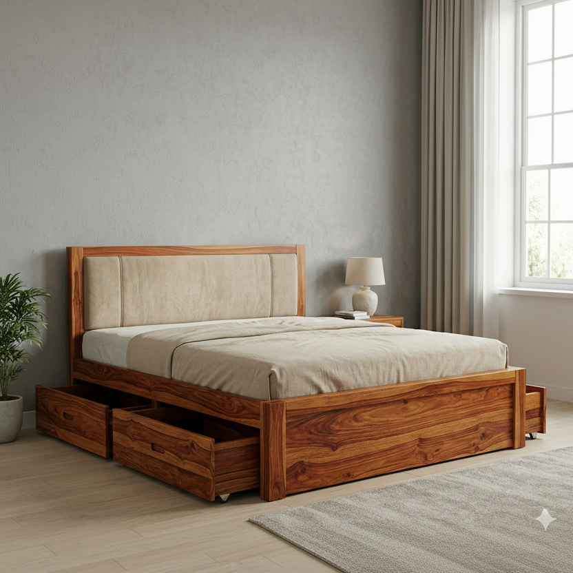 Matilda Premium Sheesham Wood Bed with Fabric Headboard