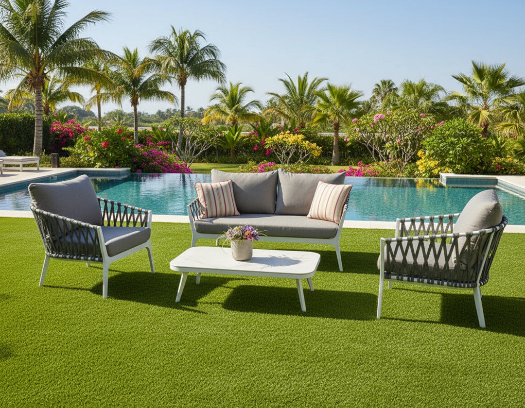 Mazzanti Outdoor Sofa Set 2 Seater , 2 Single seater and 1 Center Table (White + Brown) Braided & Rope