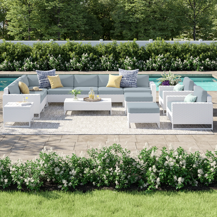 Angerona Outdoor Sofa Set 7 Seater, 2 Single seater and 1 Center Table, 1 Side Table With 2 Ottoman Set (White)