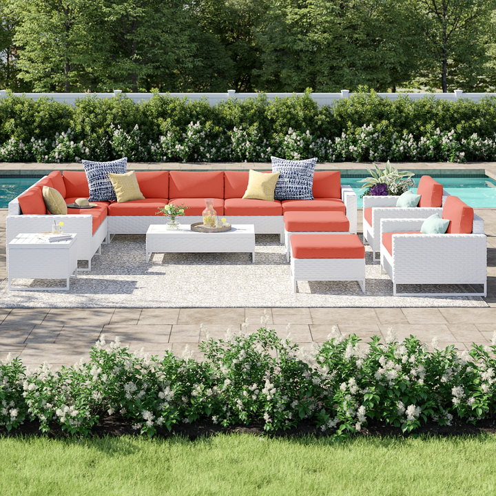 Angerona Outdoor Sofa Set 7 Seater, 2 Single seater and 1 Center Table, 1 Side Table With 2 Ottoman Set (White)