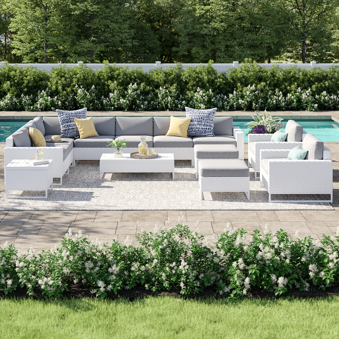 Angerona Outdoor Sofa Set 7 Seater, 2 Single seater and 1 Center Table, 1 Side Table With 2 Ottoman Set (White)