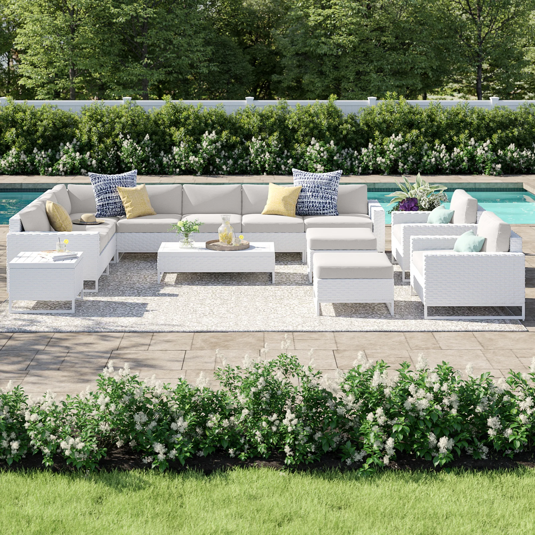 Angerona Outdoor Sofa Set 7 Seater, 2 Single seater and 1 Center Table, 1 Side Table With 2 Ottoman Set (White)