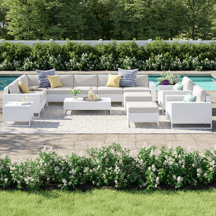 Angerona Outdoor Sofa Set 7 Seater, 2 Single seater and 1 Center Table, 1 Side Table With 2 Ottoman Set (White)