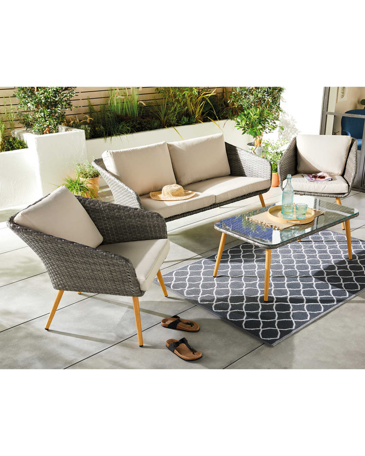 Rios Outdoor Garden Balcony Sofa Set 2 Seater, 2 Single seater and 1 Center Table Set (Gray + Beige)