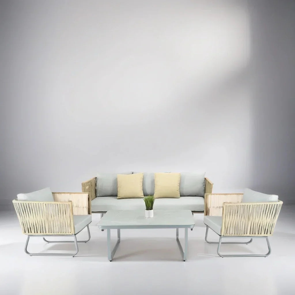 Licea Outdoor Sofa Set 3 Seater , 2 Single seater and 1 Center Table Set (Grey + Yellow) Braided & Rope
