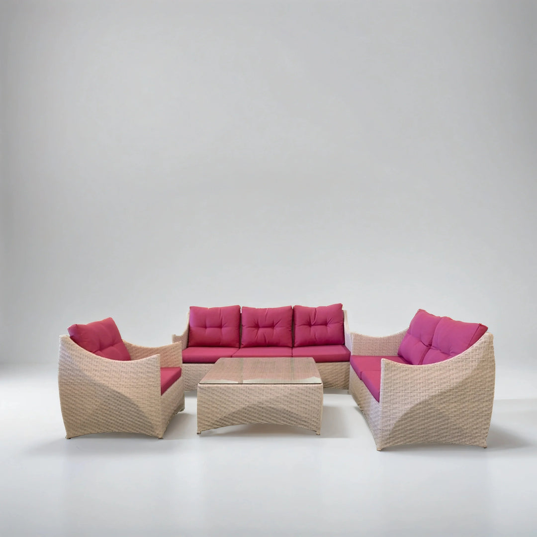 Avila Outdoor Garden Balcony Sofa Set 3 Seater, 2 Seater, 1 Single Seater and 1 Center Table Set (Cream & Pink)