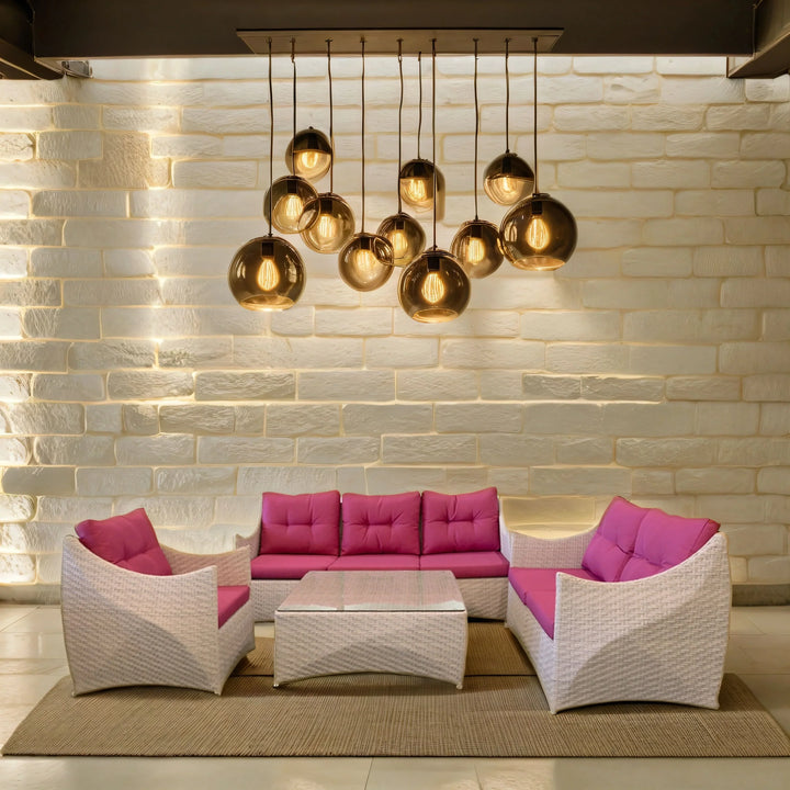 Avila Outdoor Garden Balcony Sofa Set 3 Seater, 2 Seater, 1 Single Seater and 1 Center Table Set (Cream & Pink)