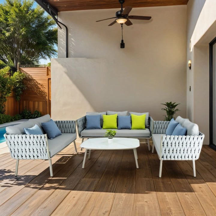 Blasco Outdoor Sofa Set 3 Seater , 2 Double seater and 1 Center Table (Grey) Braided & Rope