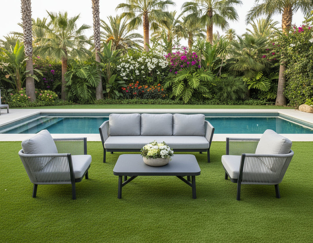 Montalti Outdoor Sofa Set 3 Seater, 2 Single seater and 1 Center Table (Grey) Braided & Rope