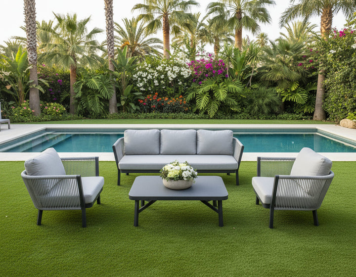 Montalti Outdoor Sofa Set 3 Seater, 2 Single seater and 1 Center Table (Grey) Braided & Rope