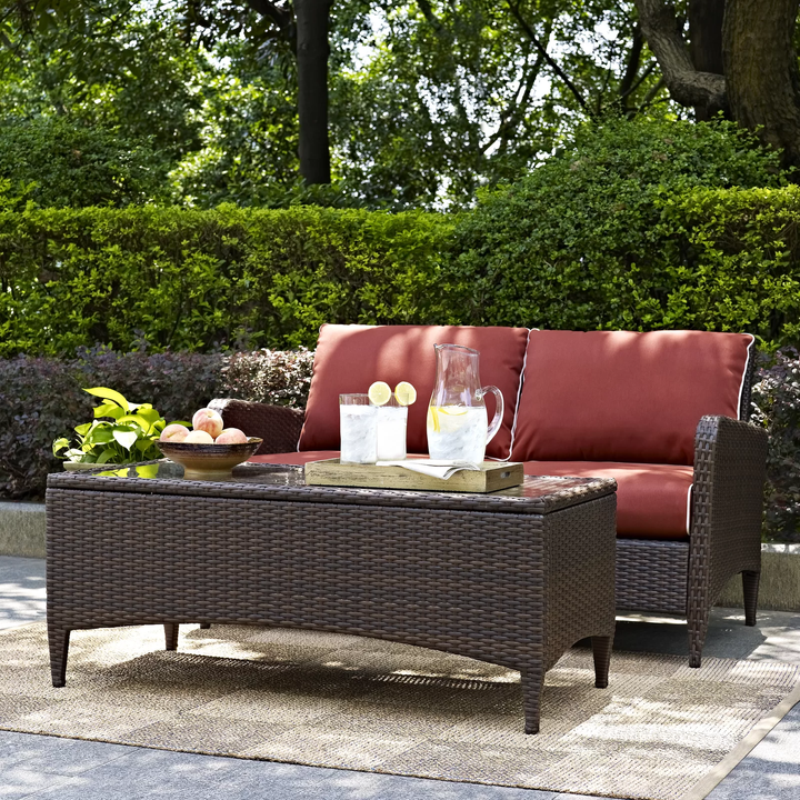 Tino Outdoor 2 seater Sofa and 1 Center Table (Dark Brown + Red)