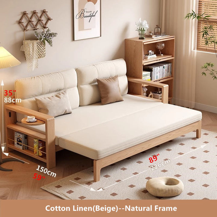 Multifunctional Retractable Sofa Bed with Wide Armrest and Storage Shelf NATURAL FRAME-BEIGE COVER FURNITURE