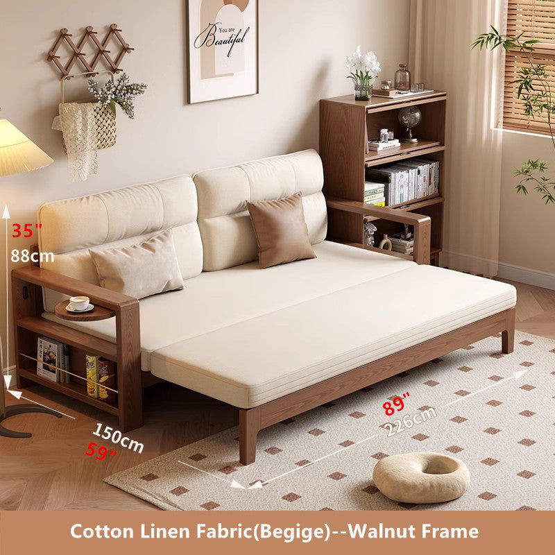 Multifunctional Retractable Sofa Bed with Wide Armrest and Storage Shelf WALNUT FRAME-BEIGE COVER FURNITURE