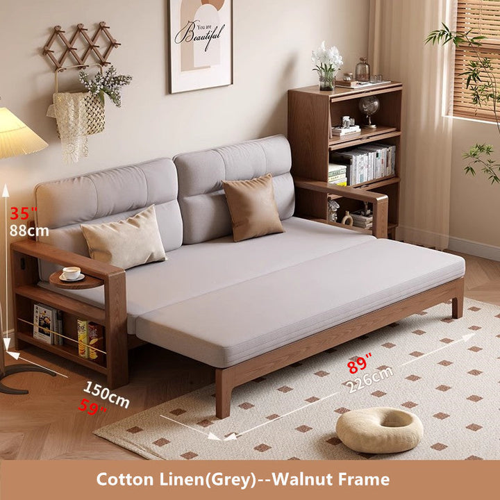 Multifunctional Retractable Sofa Bed with Wide Armrest and Storage Shelf WALNUT FRAME-GREY COVER FURNITURE