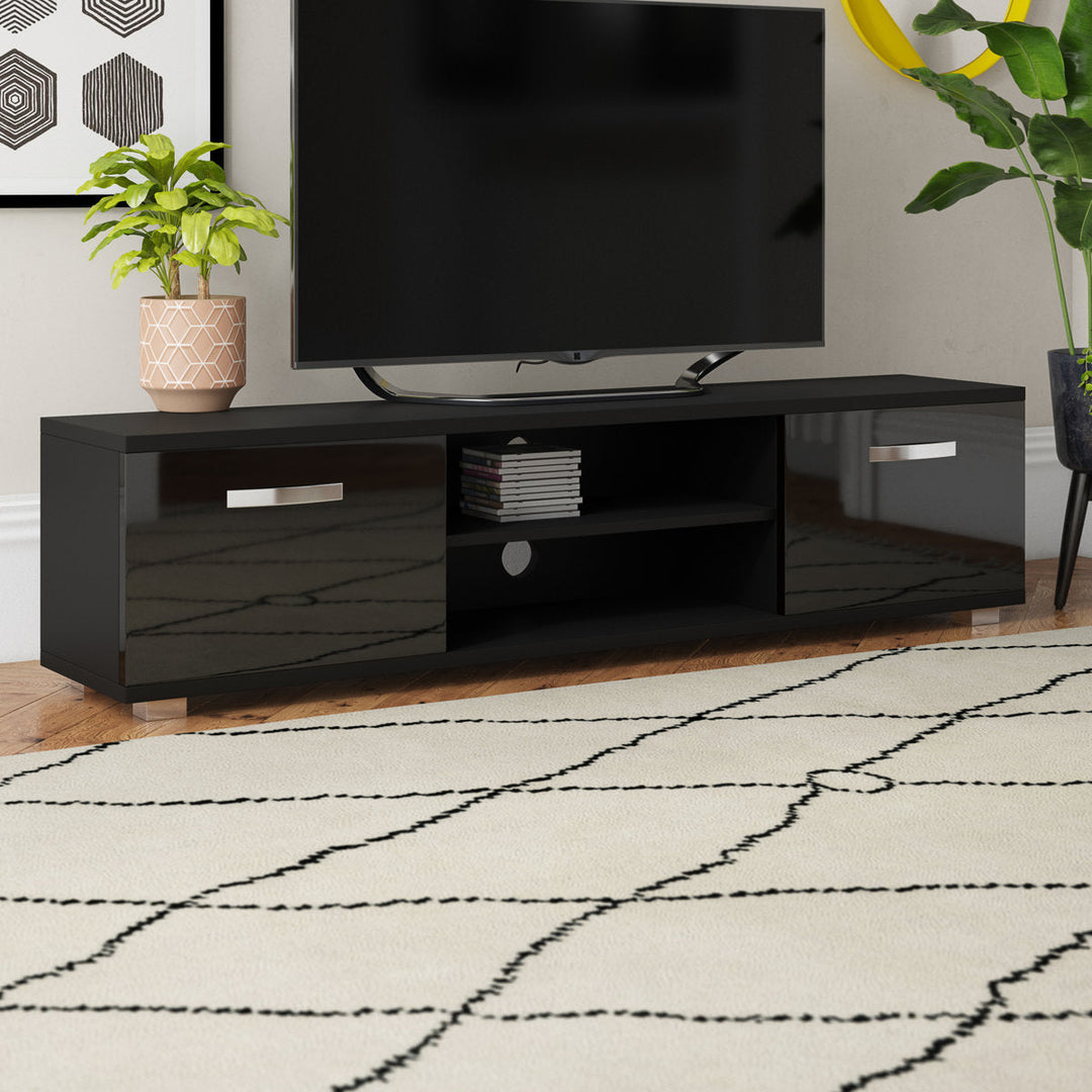 OmkarWood Premium High Gloss TV Unit – Engineered Wood Entertainment Console (Black Finish)