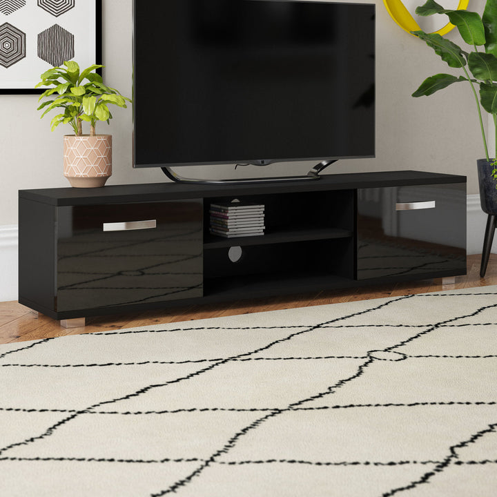 OmkarWood Premium High Gloss TV Unit – Engineered Wood Entertainment Console (Black Finish)