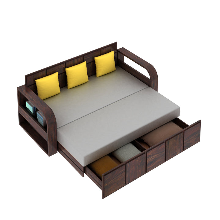Magnolia Solid Sheesham Wood 3 Seater Sofa Cum Bed with Headboard Design