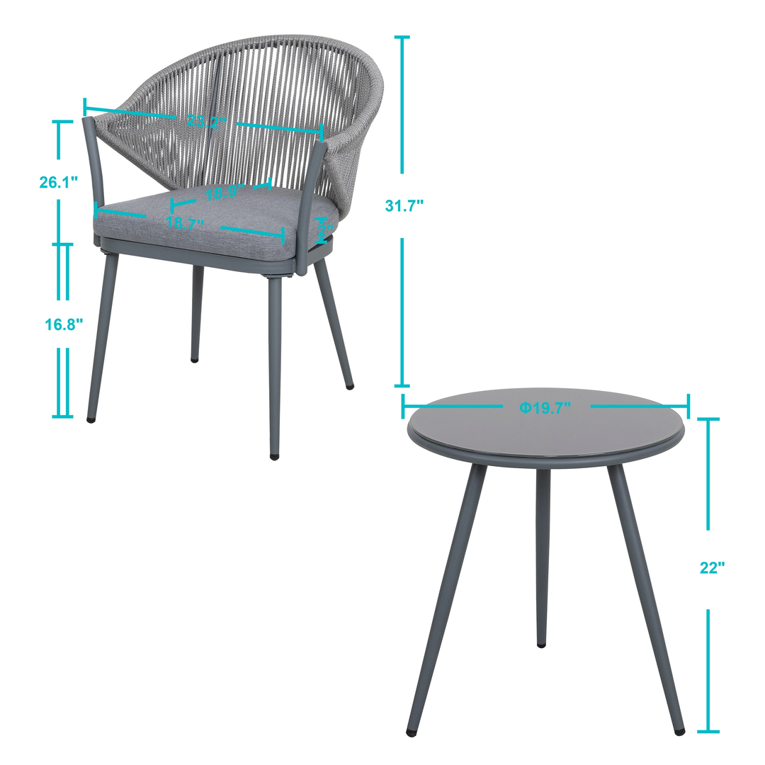 Spade Outdoor Patio Seating Set 2 Chairs and 1 Table Set (Grey) Braided & Rope