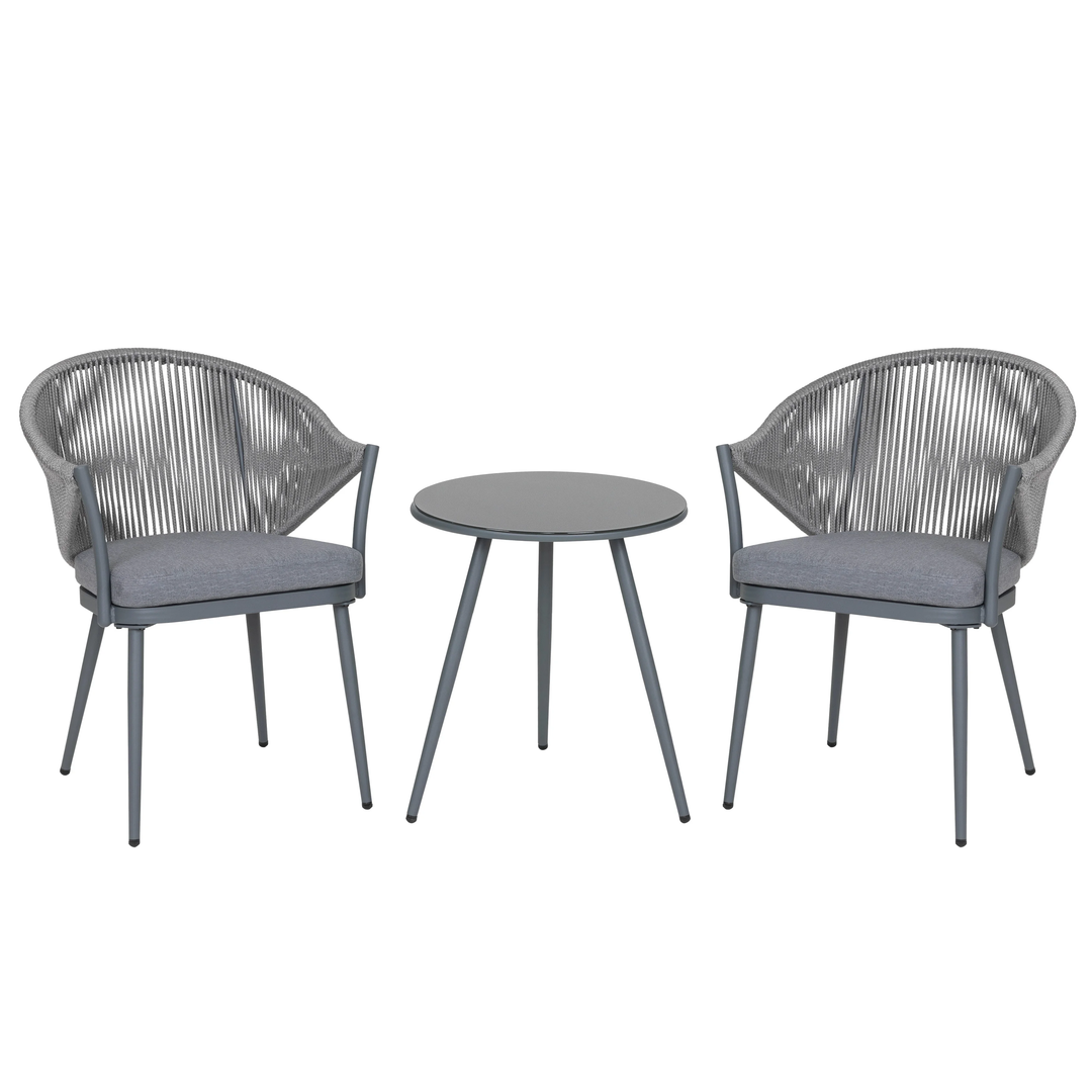 Spade Outdoor Patio Seating Set 2 Chairs and 1 Table Set (Grey) Braided & Rope