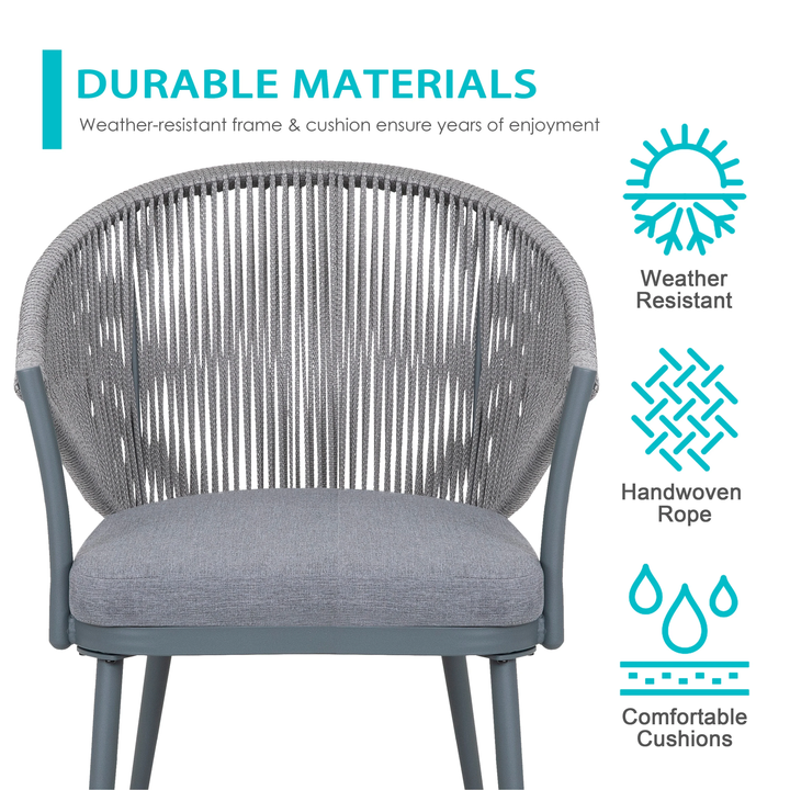 Spade Outdoor Patio Seating Set 2 Chairs and 1 Table Set (Grey) Braided & Rope