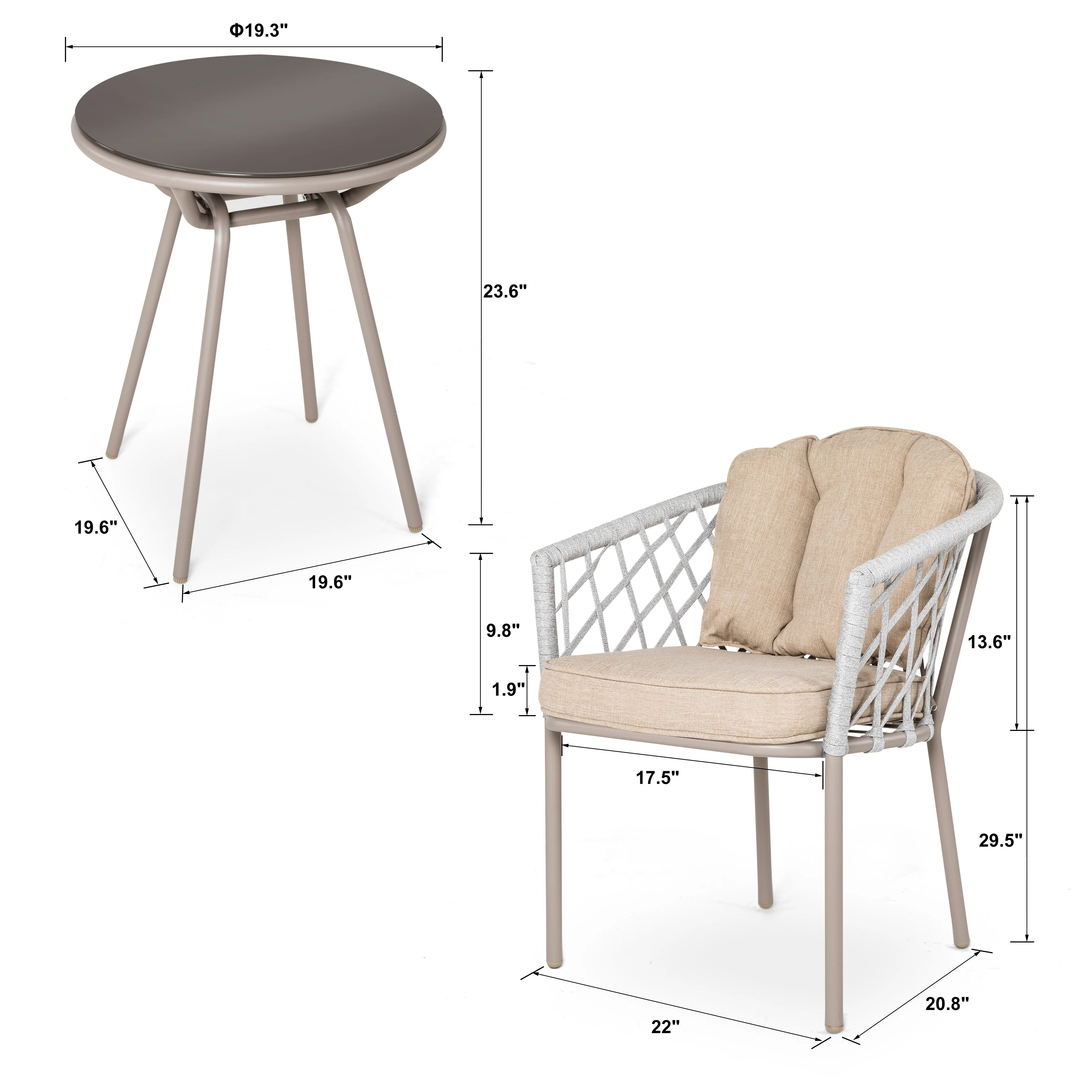 Surfer Outdoor Patio Seating Set 2 Chairs and 1 Table Set (Silver + Beige) Braided & Rope