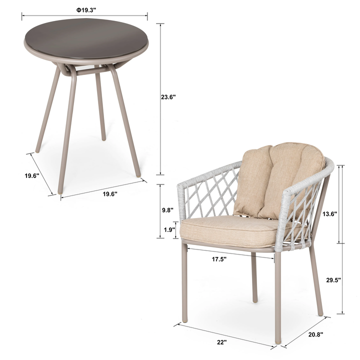 Surfer Outdoor Patio Seating Set 2 Chairs and 1 Table Set (Silver + Beige) Braided & Rope