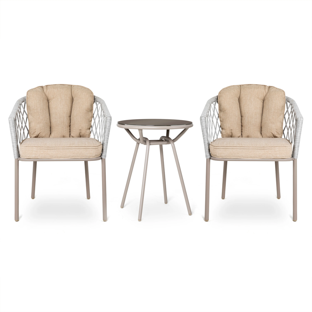 Surfer Outdoor Patio Seating Set 2 Chairs and 1 Table Set (Silver + Beige) Braided & Rope