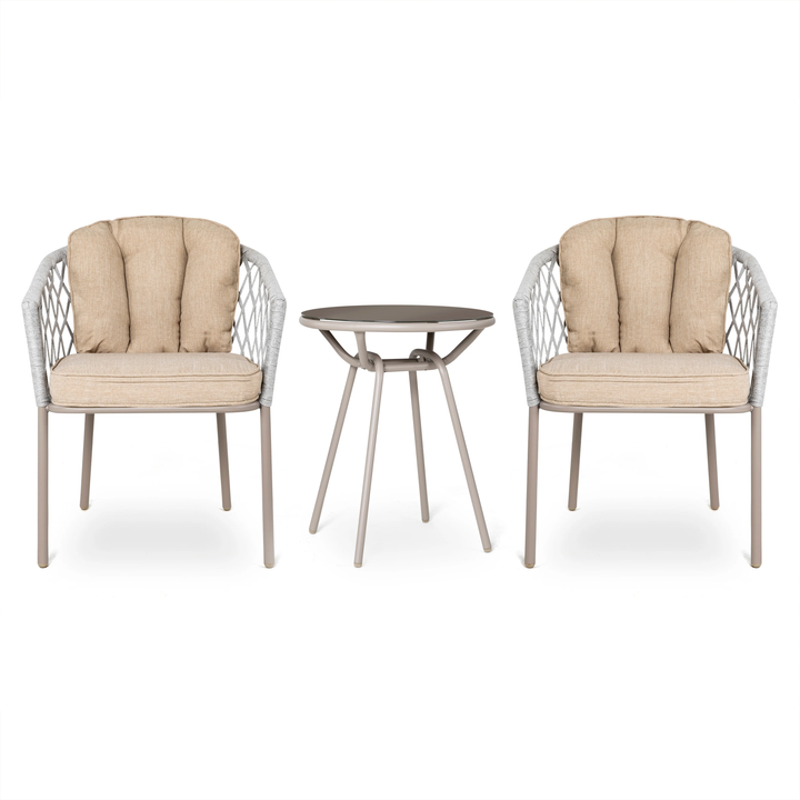 Surfer Outdoor Patio Seating Set 2 Chairs and 1 Table Set (Silver + Beige) Braided & Rope
