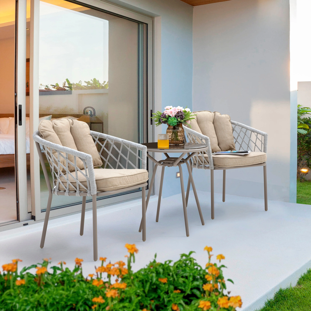 Surfer Outdoor Patio Seating Set 2 Chairs and 1 Table Set (Silver + Beige) Braided & Rope