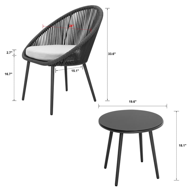 Volta Outdoor Patio Seating Set 2 Chairs and 1 Table Set (Black) Braided & Rope