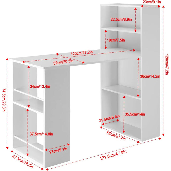 OmkarWood Nashira L-Shaped Study Desk with 4-Tier Bookshelf & Side Storage – 121 cm