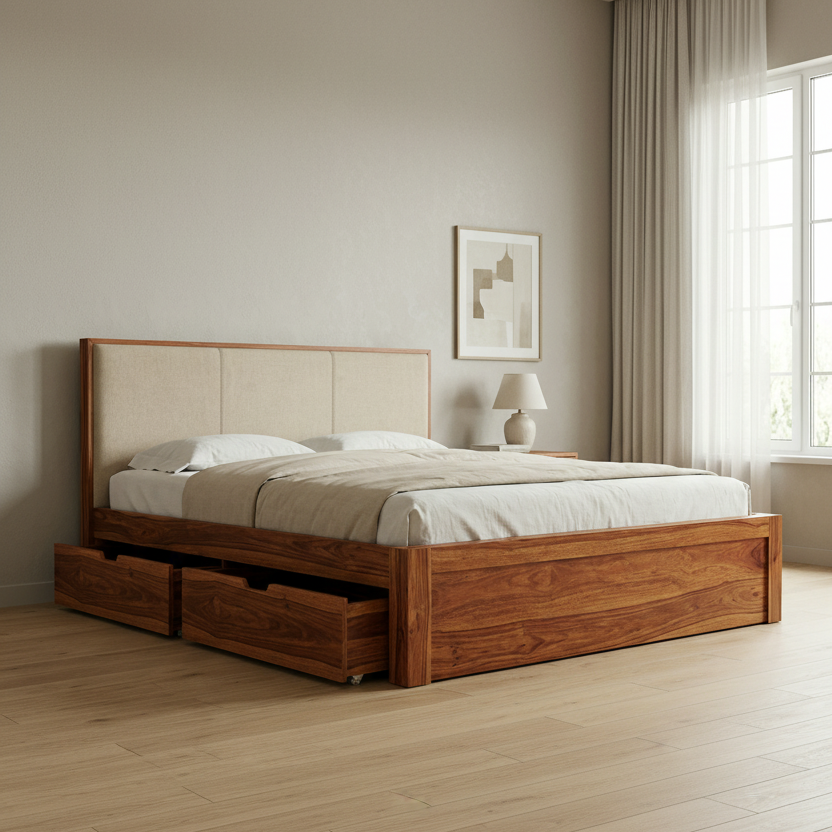 Nina Premium Sheesham Wood Bed with Fabric Headboard