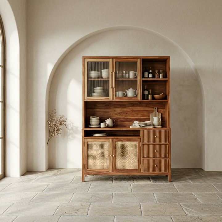Noah Classic Kitchen Cabinet with Glass Cane Weave (Honey Finish)