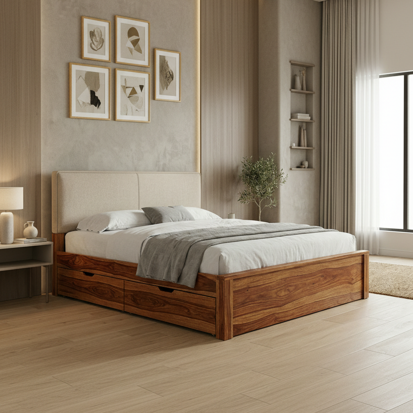 Nora Premium Sheesham Wood Bed with Fabric Headboard