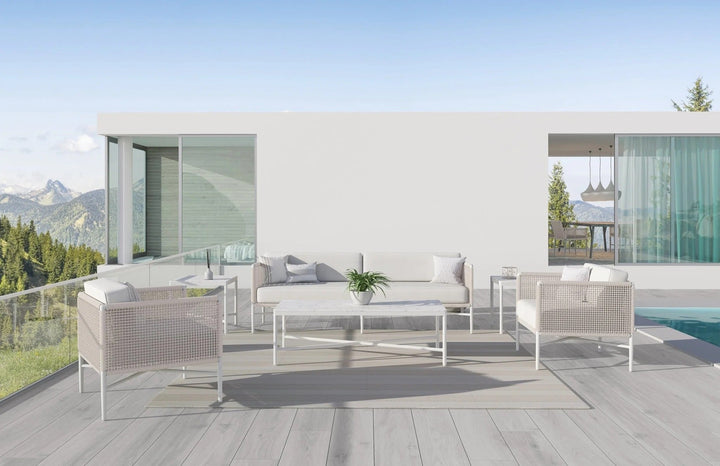 Roza Outdoor Garden Balcony Sofa Set 2 Seater and 2 Single Seater With 1 Center Table Set, Braid & Rope (White + Beige)