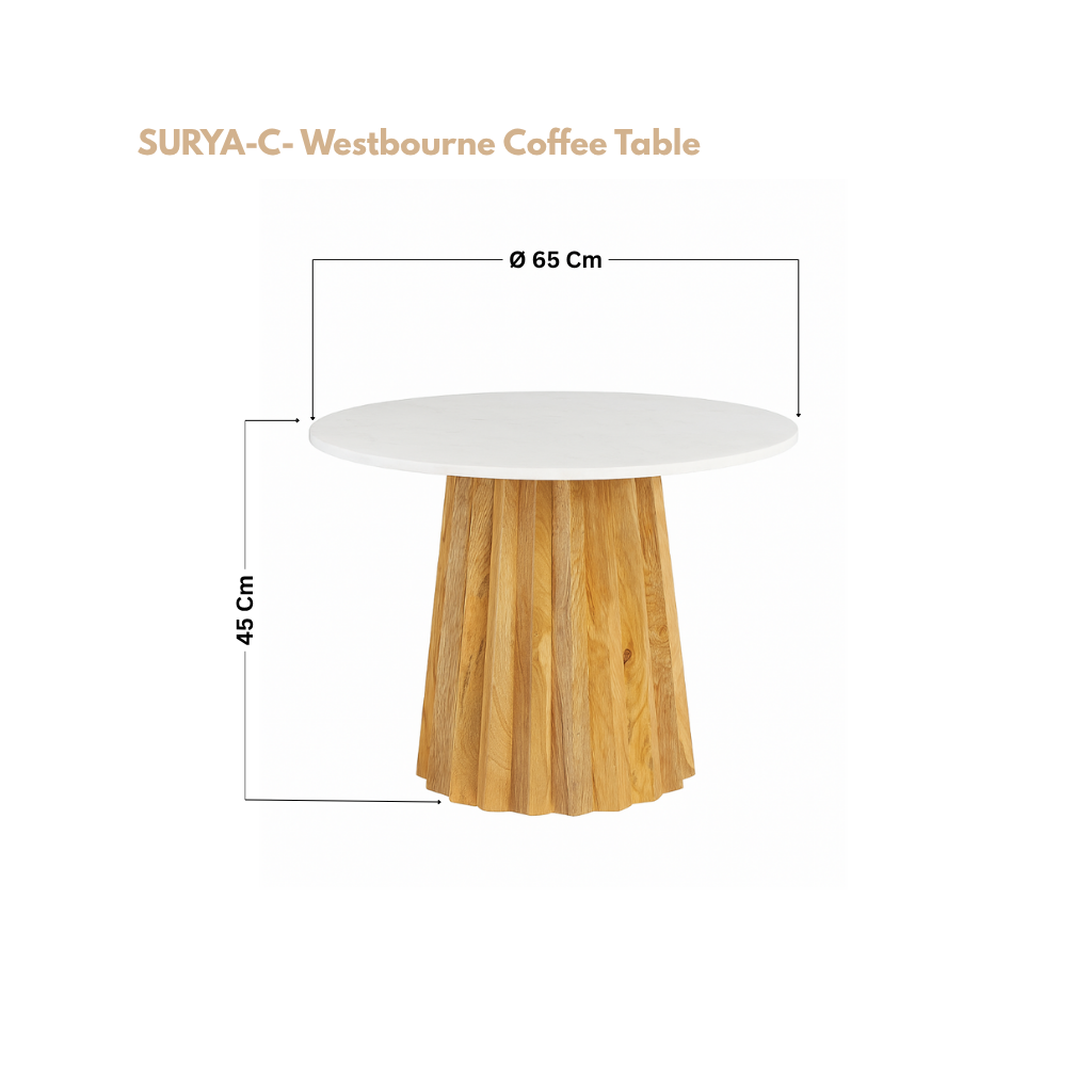 Manav Mango Wood Round Coffee Table with White Marble Top