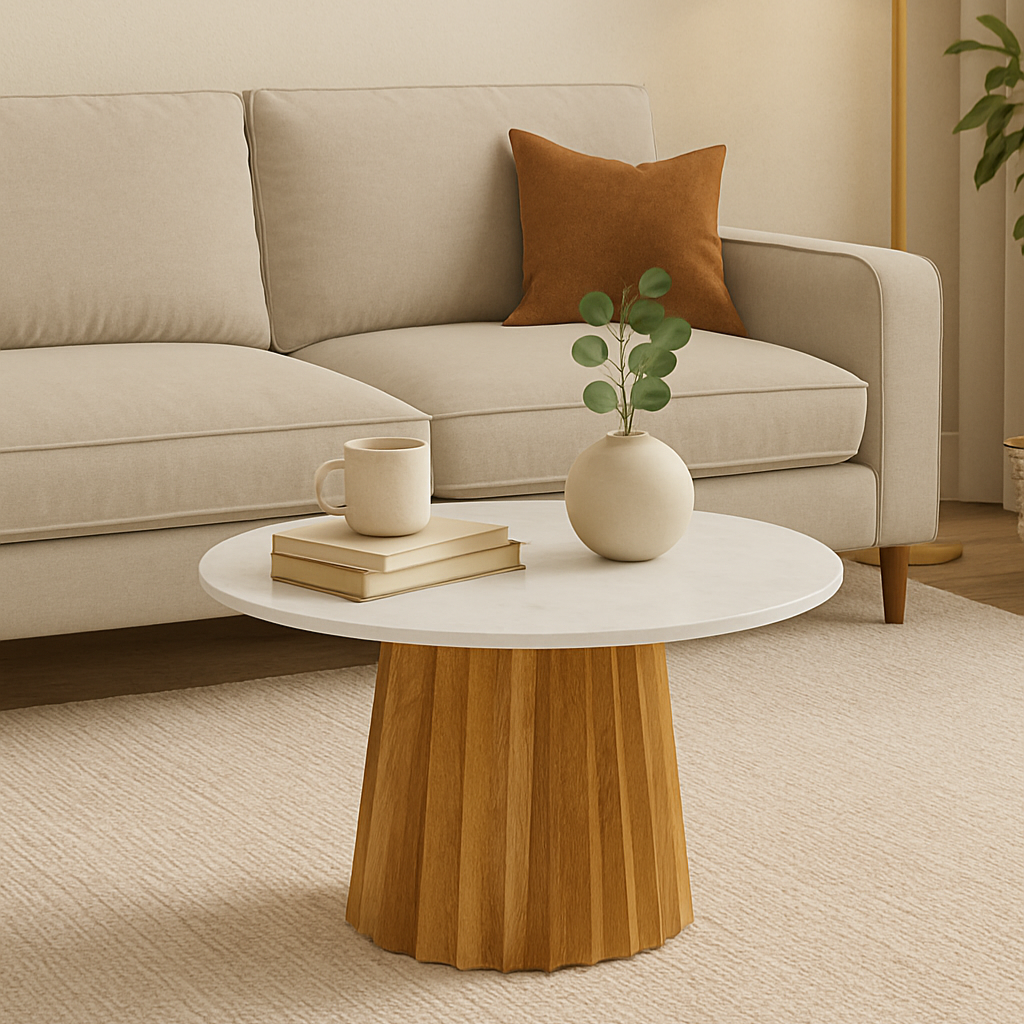Manav Mango Wood Round Coffee Table with White Marble Top