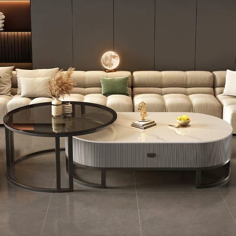 Aurora Living Room Table | Designer Stainless Steel Frame and MDF Work | Ceramic Marble Top