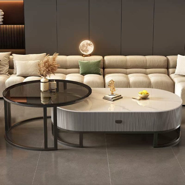 Aurora Living Room Table | Designer Stainless Steel Frame and MDF Work | Ceramic Marble Top