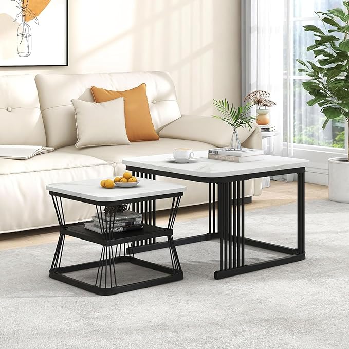 Nilesh Square Marble Coffee Table For Living Room - Set Of 2
