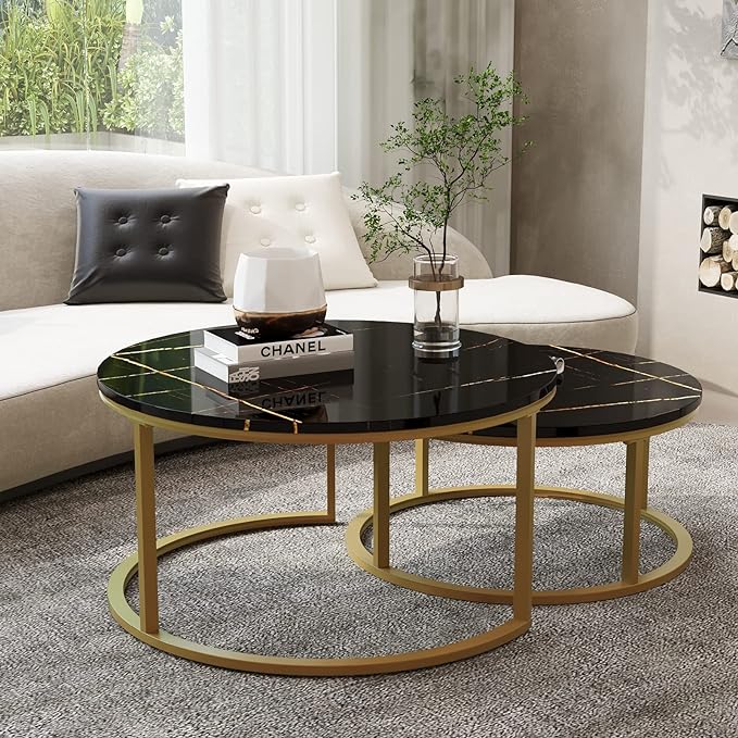 Ashish Metal Black Coffee Table With Marble Top - Set Of 2