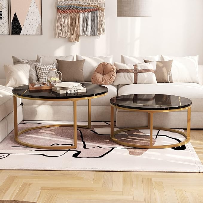Ashish Metal Black Coffee Table With Marble Top - Set Of 2
