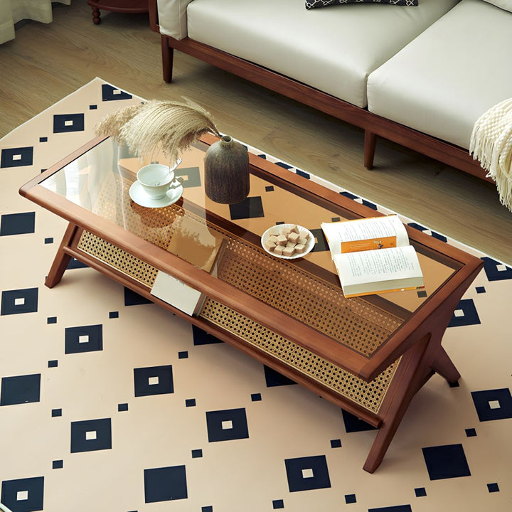 Zehaan Solid Wood Coffee Table for Living Room | With Glass Top and Cane Weaving Work