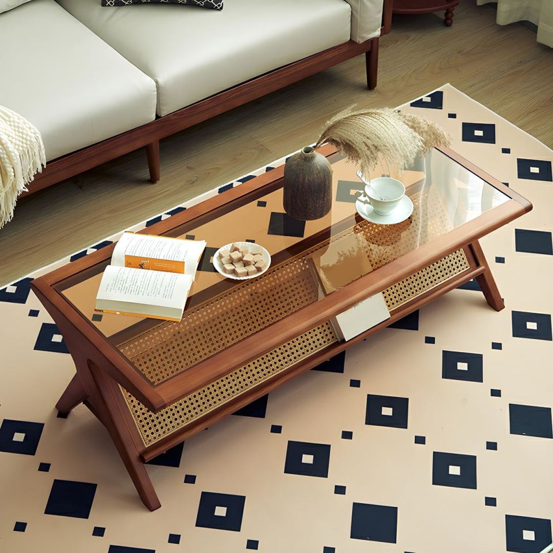 Zehaan Solid Wood Coffee Table for Living Room | With Glass Top and Cane Weaving Work
